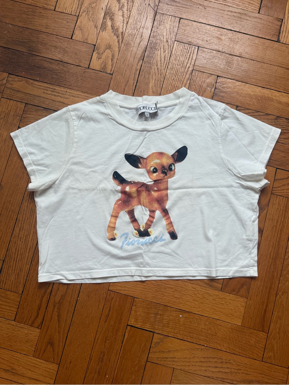 Fiorucci Vintage-Inspired Cropped Graphic Tee with Fawn Print